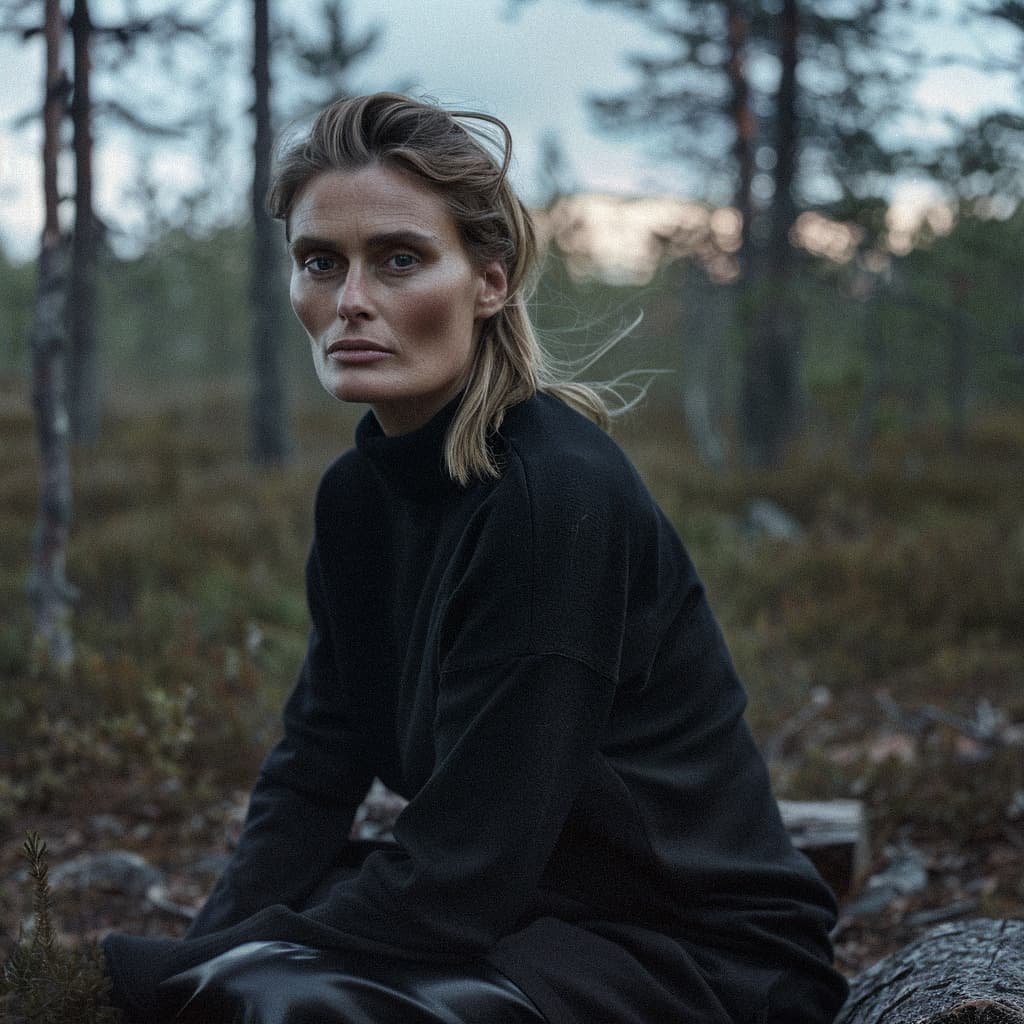 alt_text: Aino Virtanen, Finnish jewelry designer, posing in a forest with a serious expression.