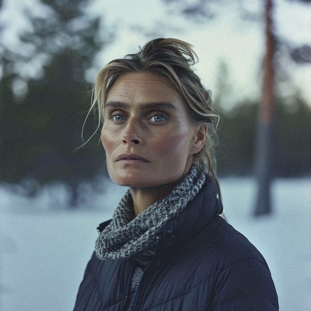 alt_text: Aino Virtanen, Finnish jewelry designer, in a winter forest setting, looking into the distance.