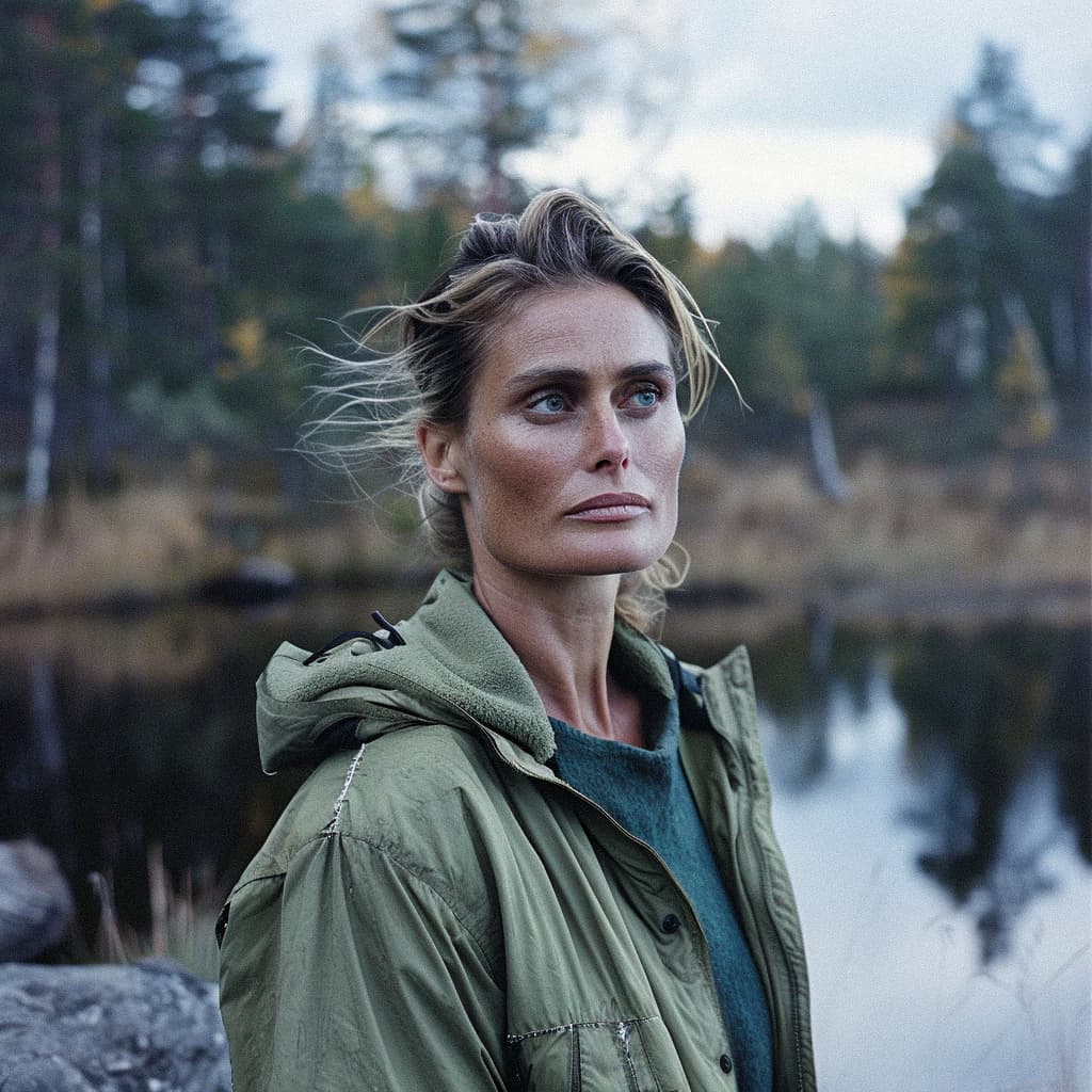 alt_text: Aino Virtanen, Finnish jewelry designer, in an outdoor setting by a lake, wearing a green jacket.