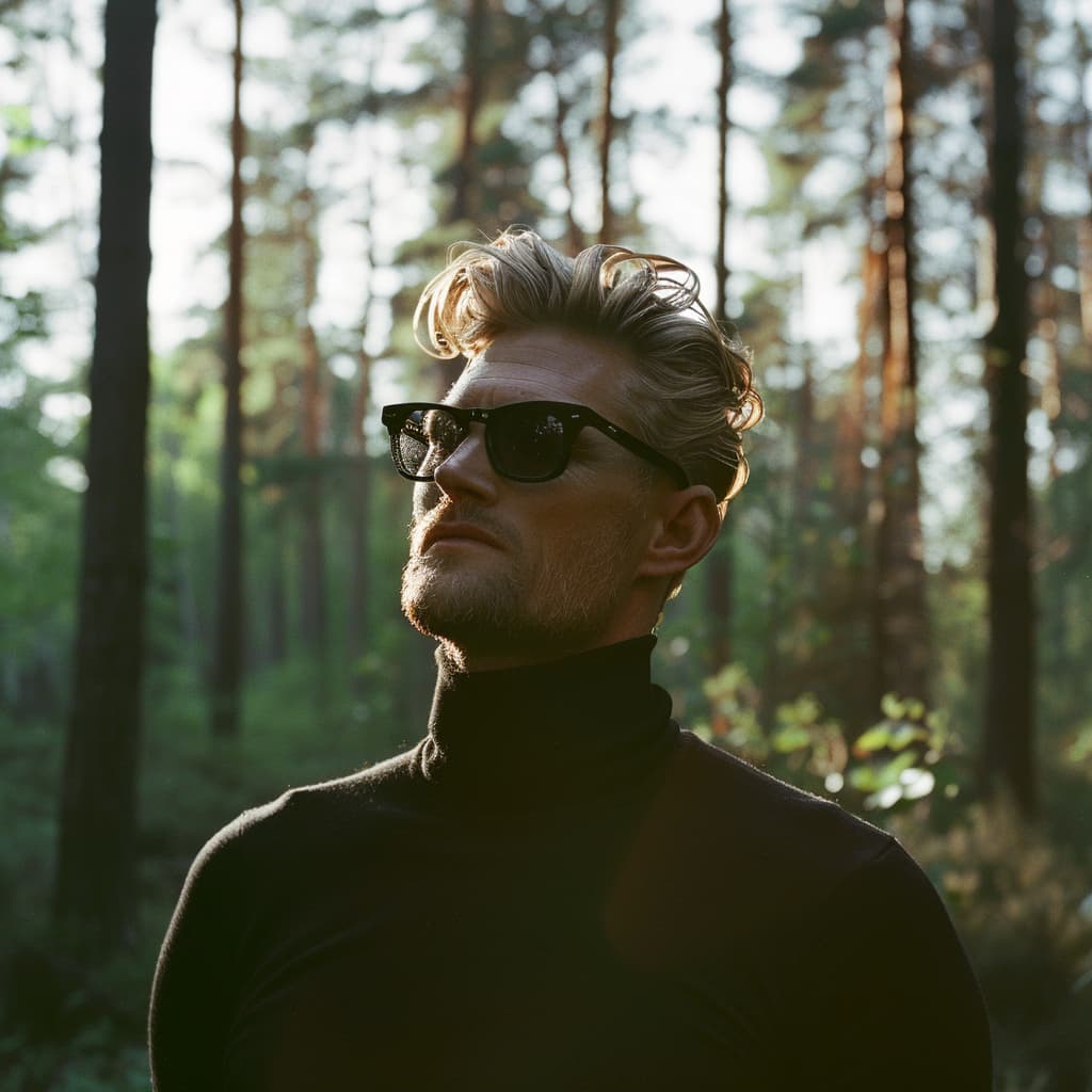Aleksi Salminen, Finnish jewelry designer, in a forest wearing sunglasses and a black turtleneck, illuminated by sunlight.