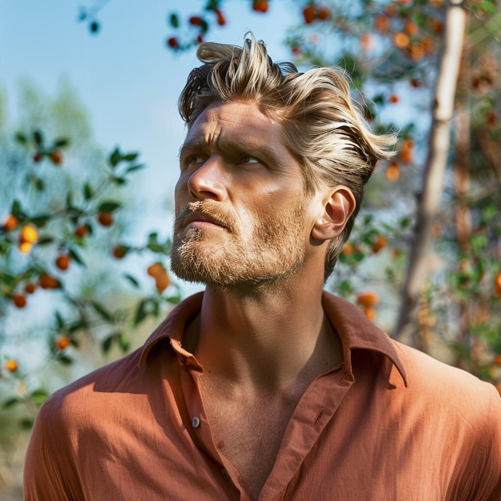 Aleksi Salminen, Finnish jewelry designer, looking contemplative in an outdoor setting with fruit trees, wearing an orange shirt.