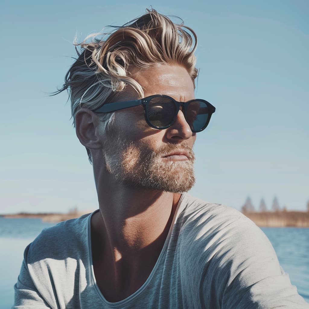 Aleksi Salminen, Finnish jewelry designer, wearing sunglasses by a lake with a calm expression, in a light grey shirt.