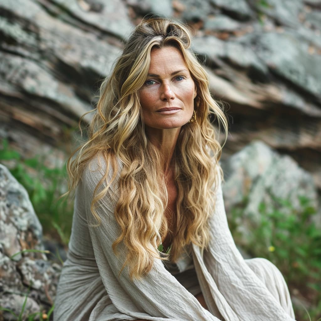 Astrid Lundgren, Swedish jewelry designer, sitting by rocks with a serene look, wearing a light-colored dress.