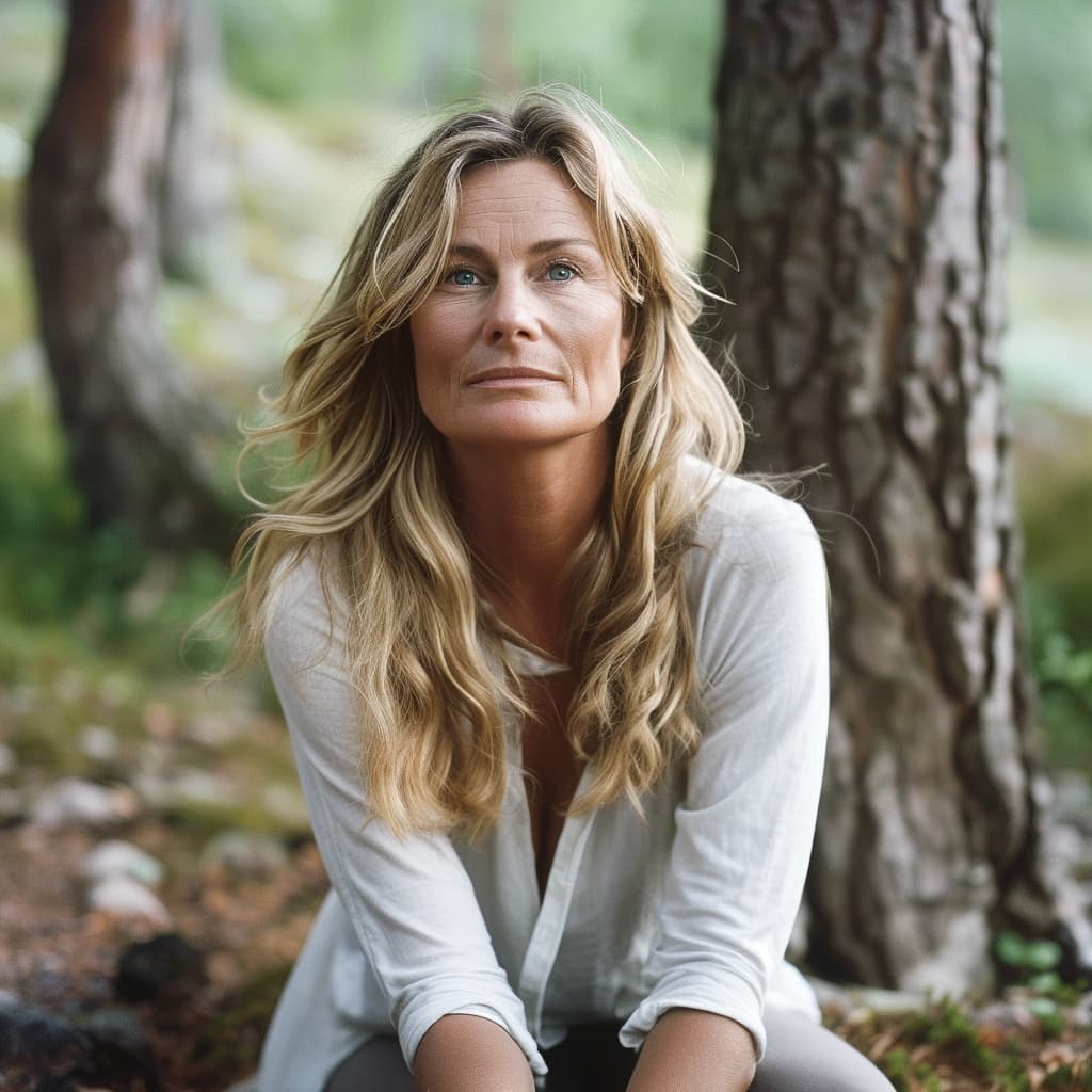 Astrid Lundgren, Swedish jewelry designer, sitting in a forest with a thoughtful expression, wearing a white blouse.