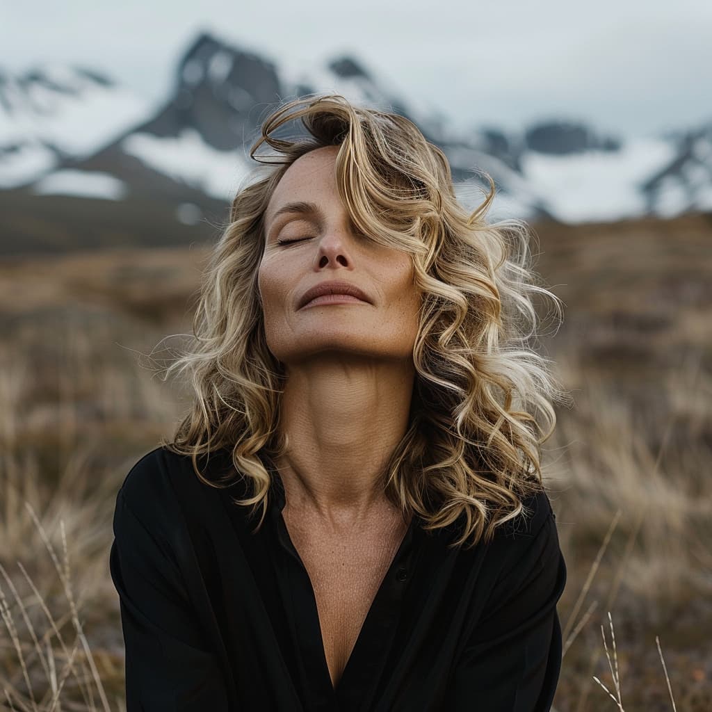 Elsa Jørgensen, Norwegian jewelry designer, with closed eyes in front of a mountainous backdrop, wearing a black outfit.
