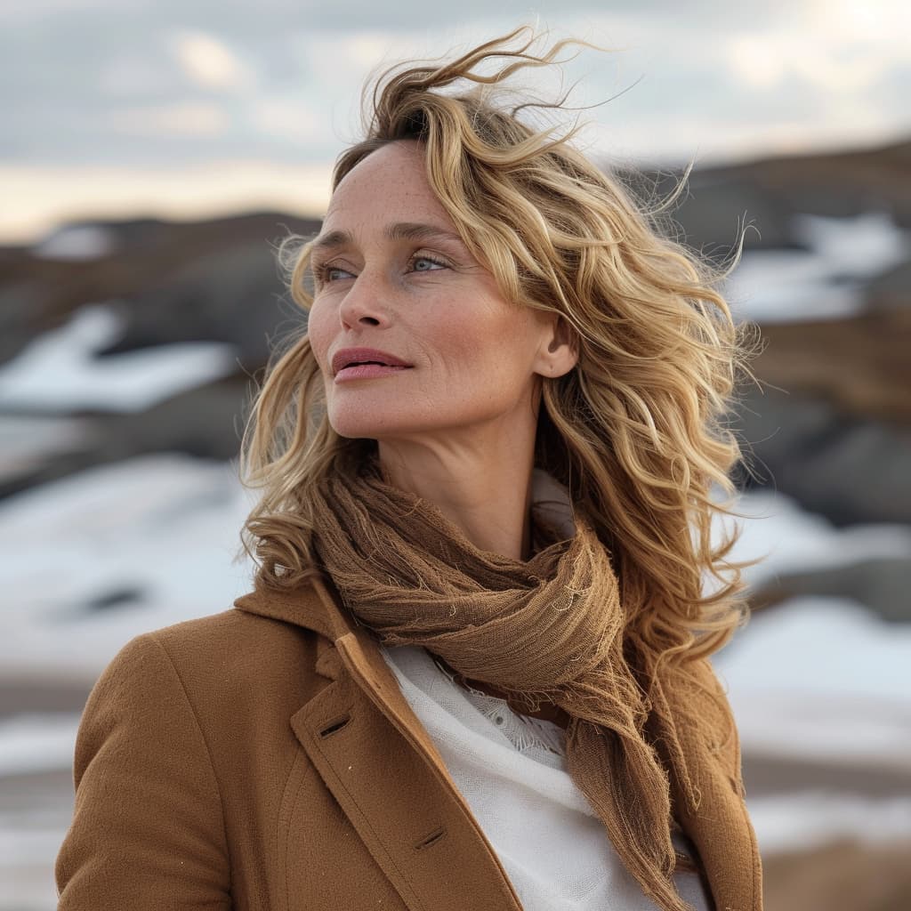 Elsa Jørgensen, Norwegian jewelry designer, standing in a snowy landscape with a contemplative expression, wearing a brown coat and scarf.