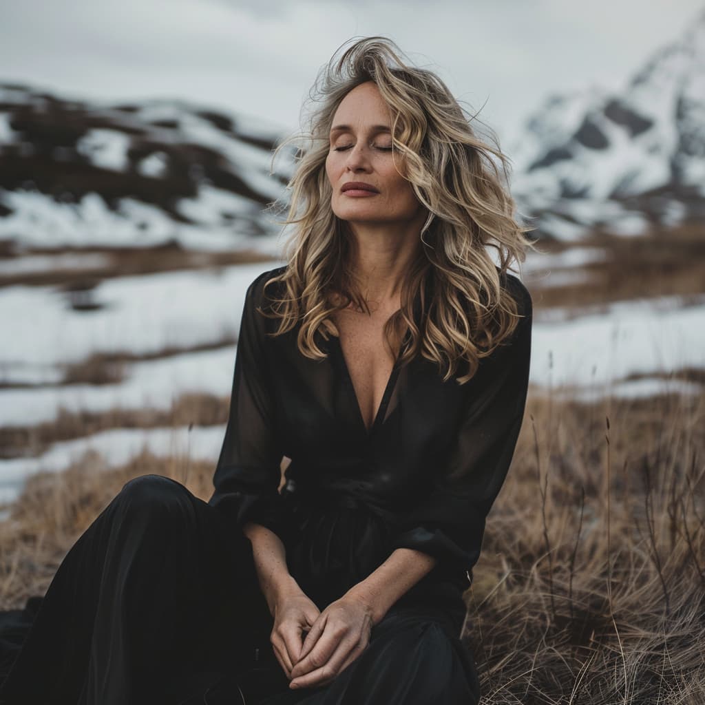 Elsa Jørgensen, Norwegian jewelry designer, sitting in a snowy field with closed eyes, reflecting the Arctic's serene beauty.