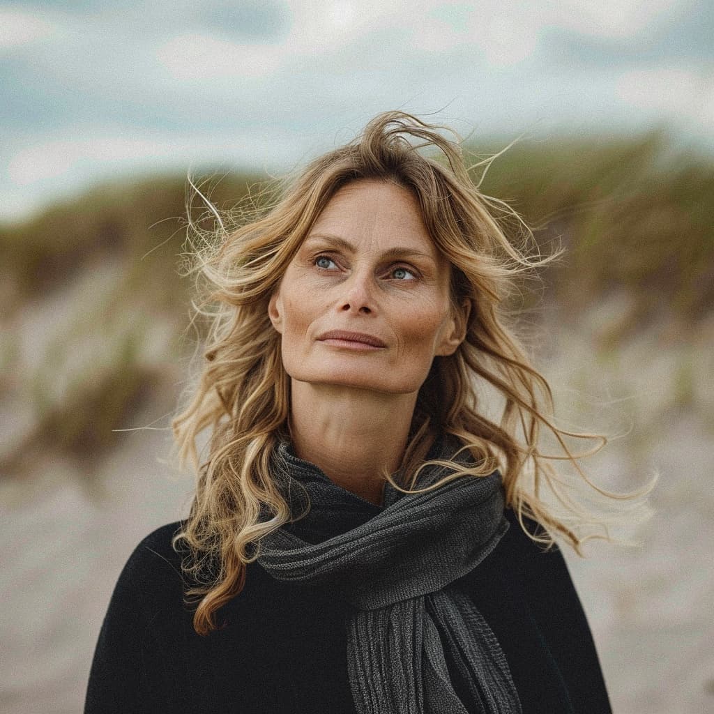 Ingrid Andersen, Swedish jewelry designer, at the beach with windblown hair and a scarf.