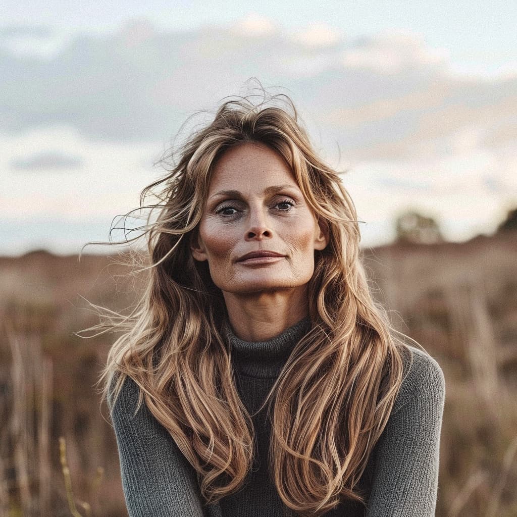 Ingrid Andersen, Swedish jewelry designer, in a field with a calm expression, wearing a grey turtleneck.