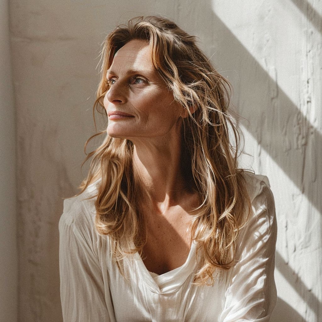 Ingrid Andersen, Swedish jewelry designer, smiling in natural light wearing a white blouse.