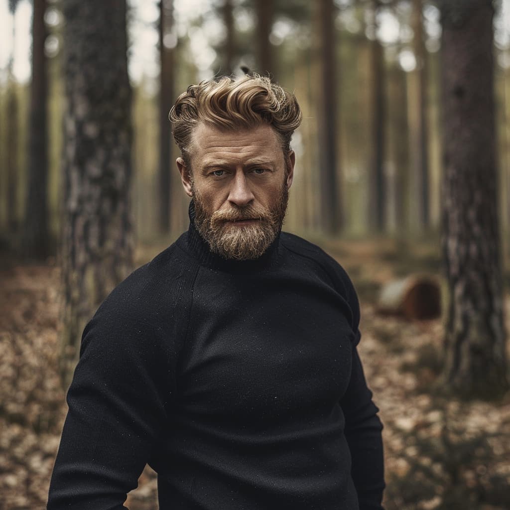 Jens Larsson, Swedish jewelry designer, standing in a forest wearing a black sweater with a contemplative look.