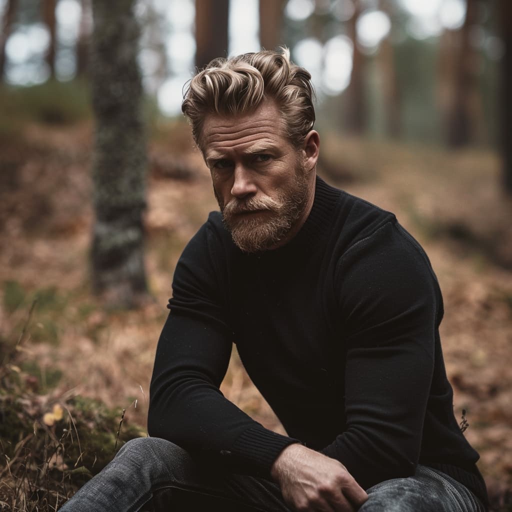 Jens Larsson, Swedish jewelry designer, sitting in a forest wearing a black sweater with a serious expression.