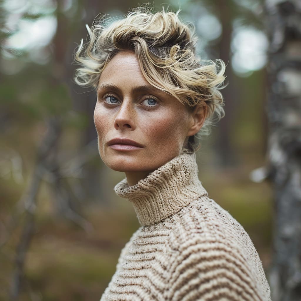 Maja Karlsson, Swedish jewelry designer, in a forest setting, wearing a beige knitted sweater.
