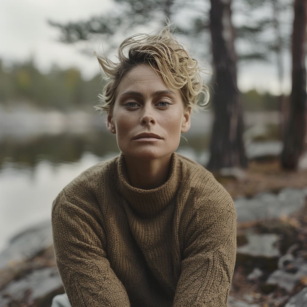 Maja Karlsson, Swedish jewelry designer, sitting by a lake in a forest, wearing a brown sweater.