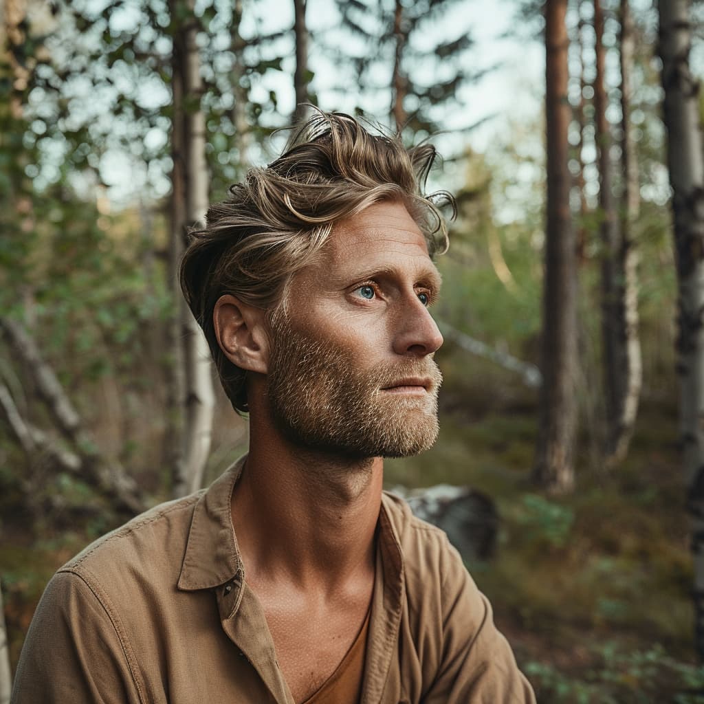 Nils Gustavsson, Swedish jewelry designer, in a forest setting with a contemplative look, wearing a beige shirt.