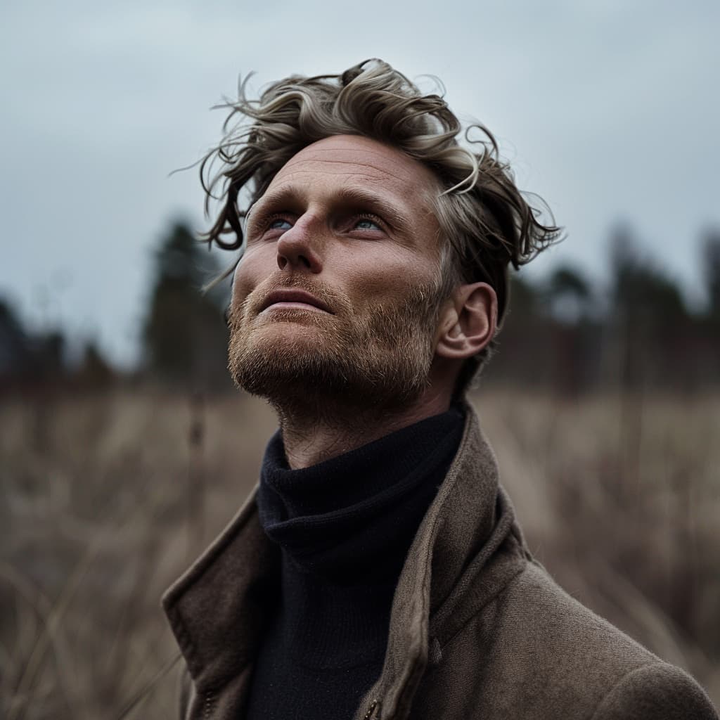 Nils Gustavsson, Swedish jewelry designer, looking up in an outdoor setting, wearing a brown coat and black turtleneck.