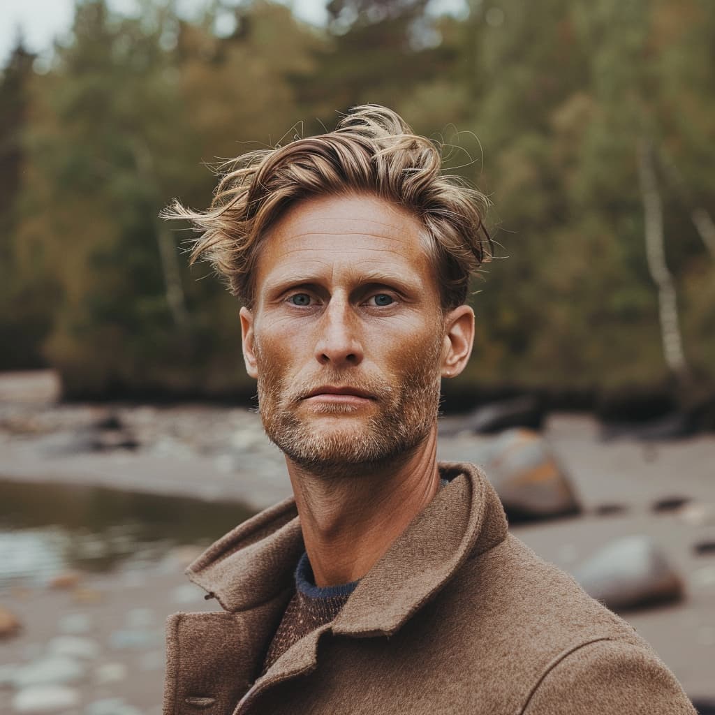 Nils Gustavsson, Swedish jewelry designer, standing by a lake with a thoughtful expression, wearing a brown coat.