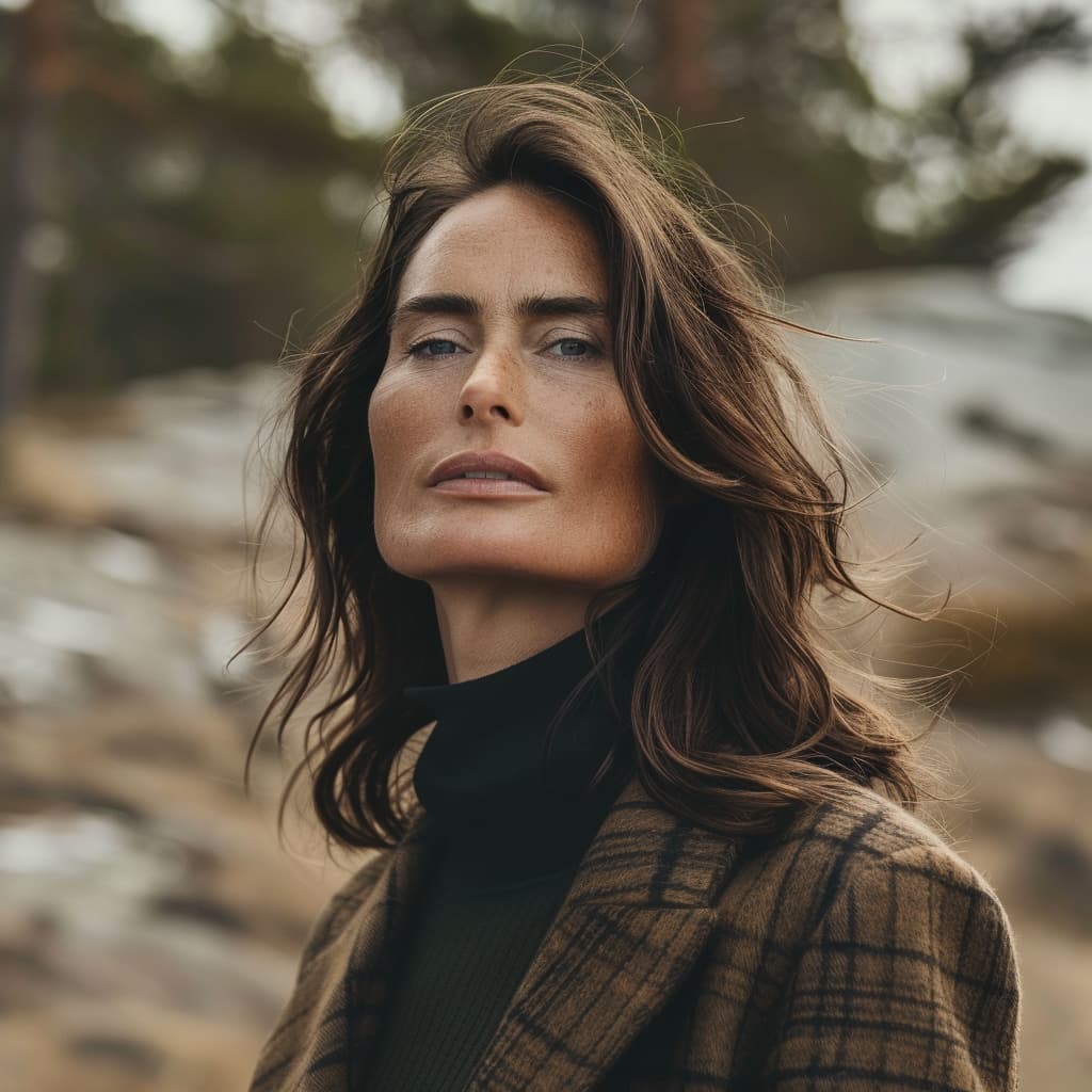 Olivia Haugen, Norwegian jewelry designer, in a plaid coat and black turtleneck, looking poised, with a rugged natural background.