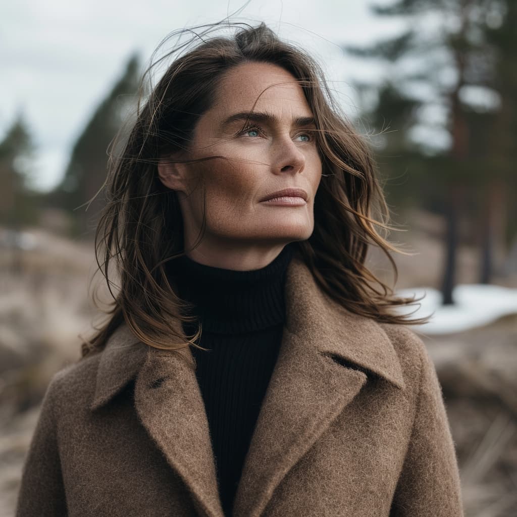Olivia Haugen, Norwegian jewelry designer, in a beige coat and black turtleneck, looking into the distance, with a serene outdoor scene.
