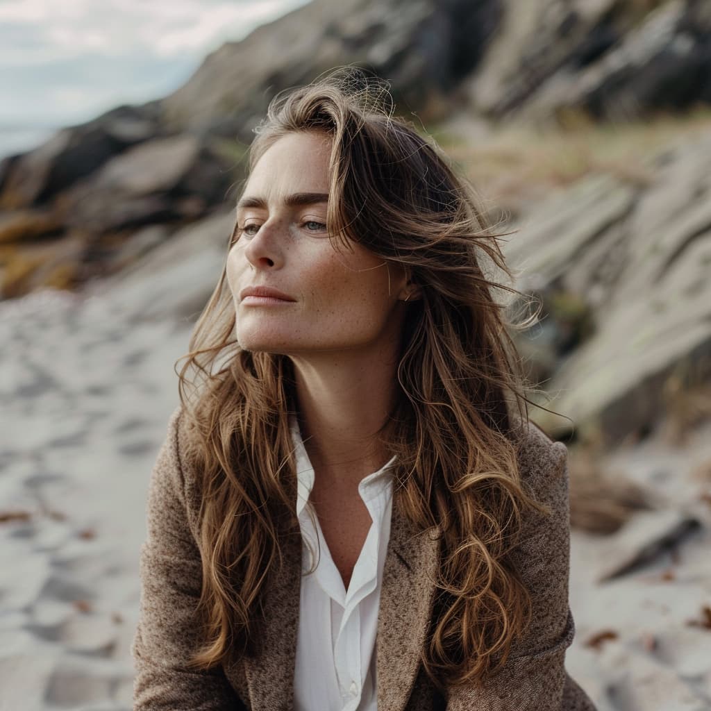 Olivia Haugen, Norwegian jewelry designer, in a beige blazer and white shirt, sitting on a rocky shore, looking contemplative.