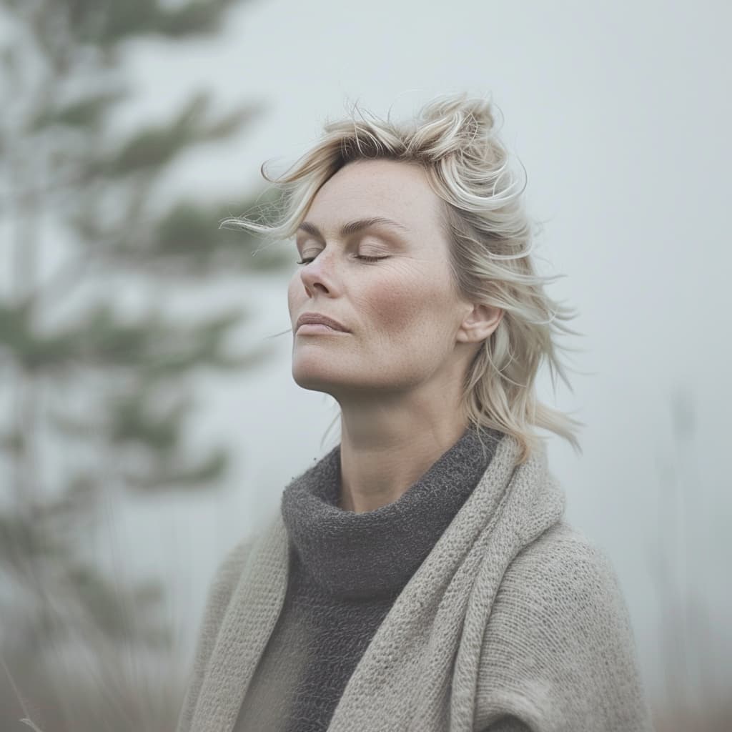 Sara Korhonen, Finnish jewelry designer, with closed eyes in a misty outdoor setting, wearing a grey sweater.