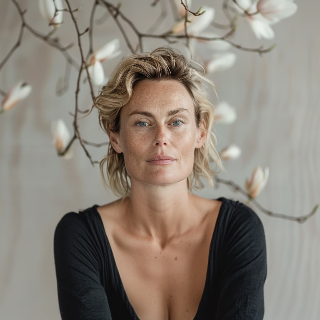 Sara Korhonen, Finnish jewelry designer, posing in front of floral branches, wearing a black top.