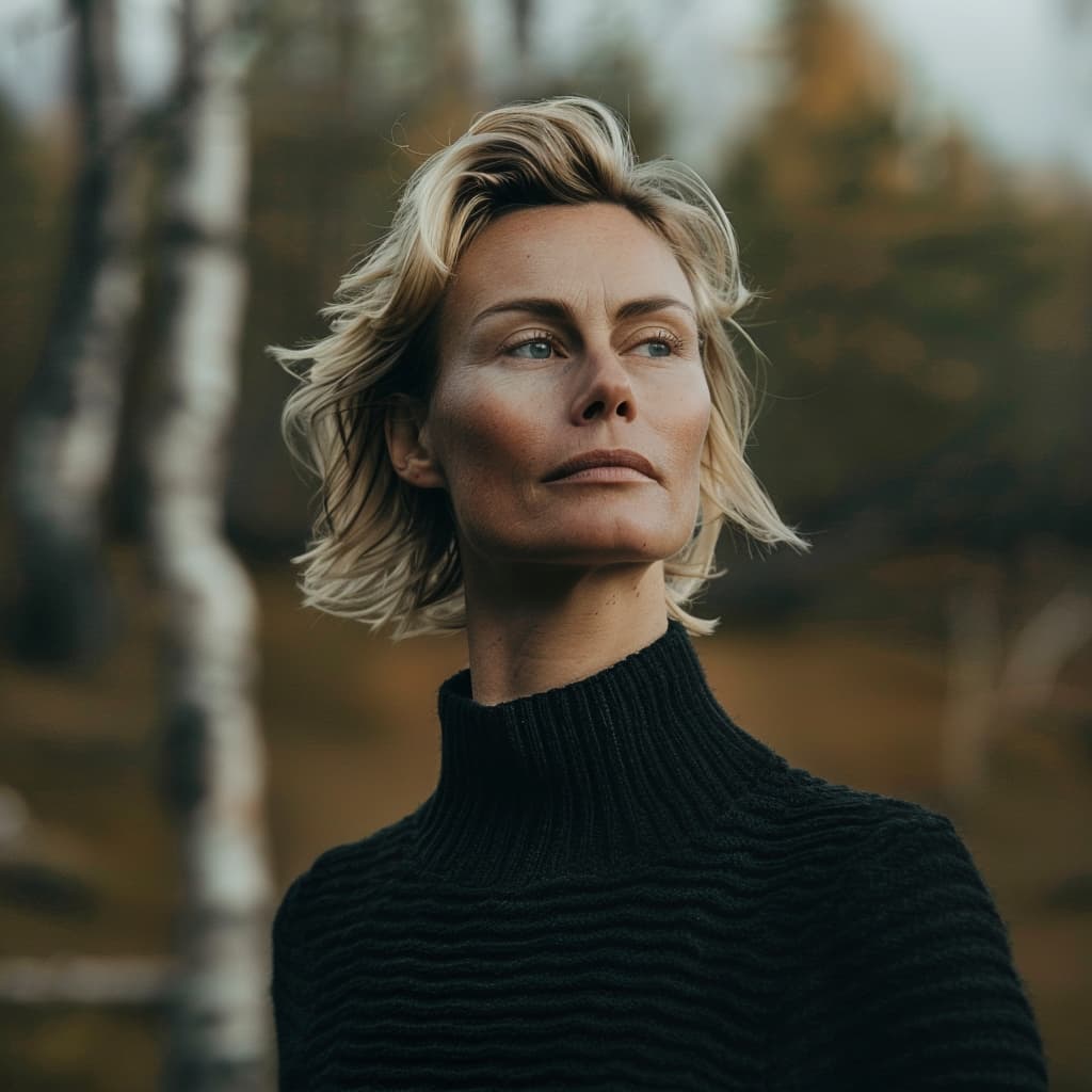 Sara Korhonen, Finnish jewelry designer, in a forest setting, wearing a black sweater with a contemplative look.