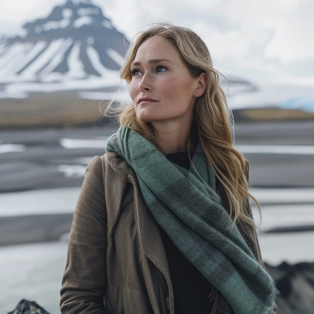 Thea Johannesen, Norwegian jewelry designer, in a rugged Arctic landscape with mountains in the background.