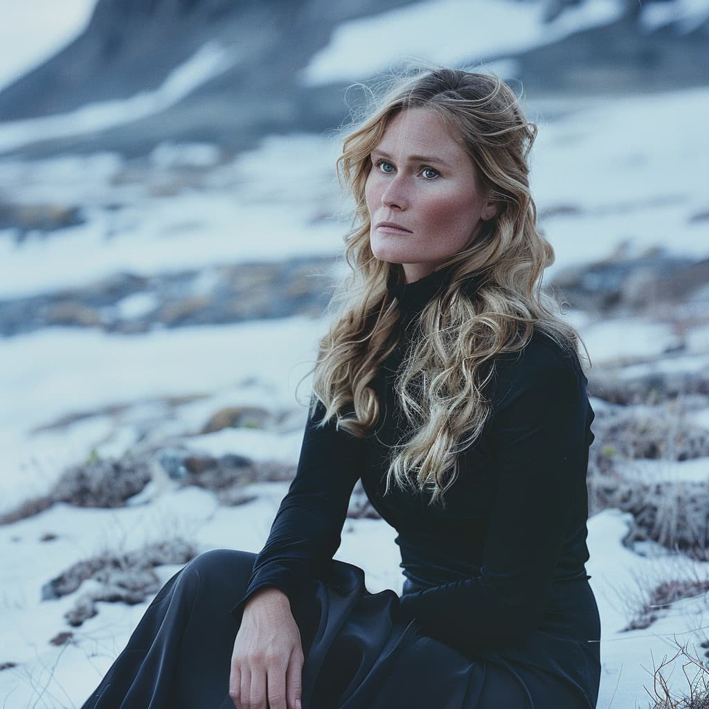 Thea Johannesen, Norwegian jewelry designer, sitting in a snowy mountain landscape with a serious expression.