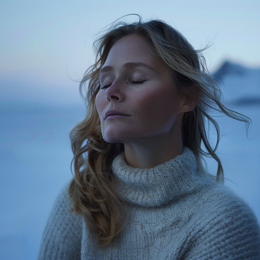 Thea Johannesen, Norwegian jewelry designer, with eyes closed, wearing a warm sweater in a serene Arctic setting.