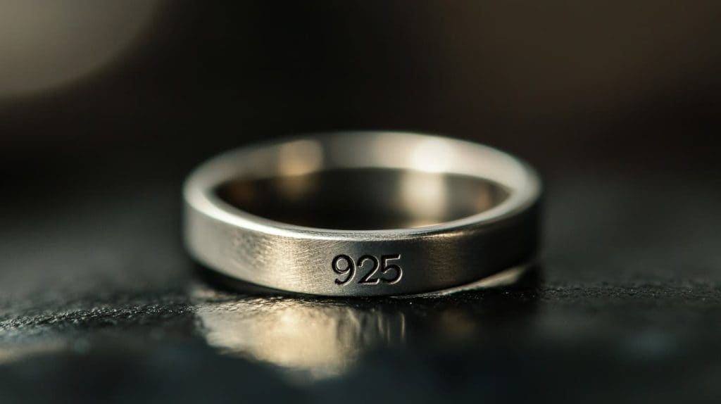 Close-up of a sterling silver band ring featuring a clear 925 stamp, highlighting its authenticity and quality.