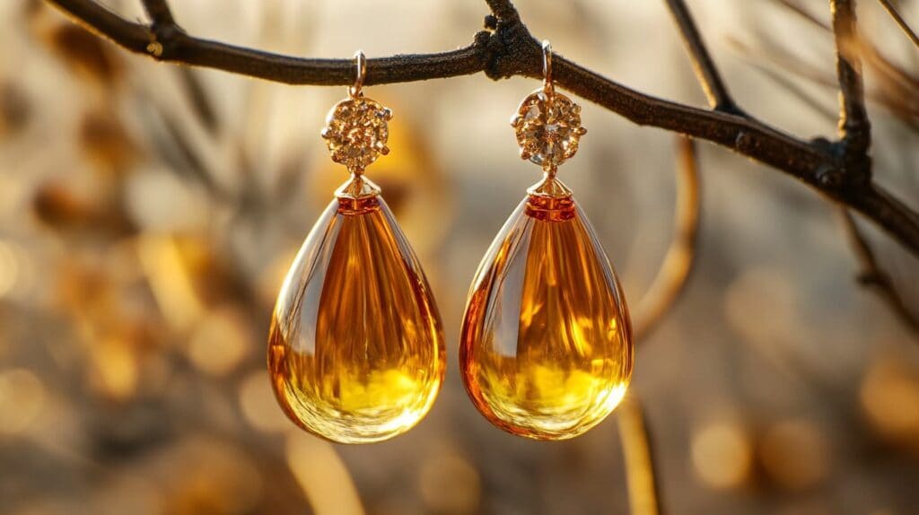Pair of teardrop amber earrings hanging from a branch, with golden sunlight reflecting off their smooth surface.