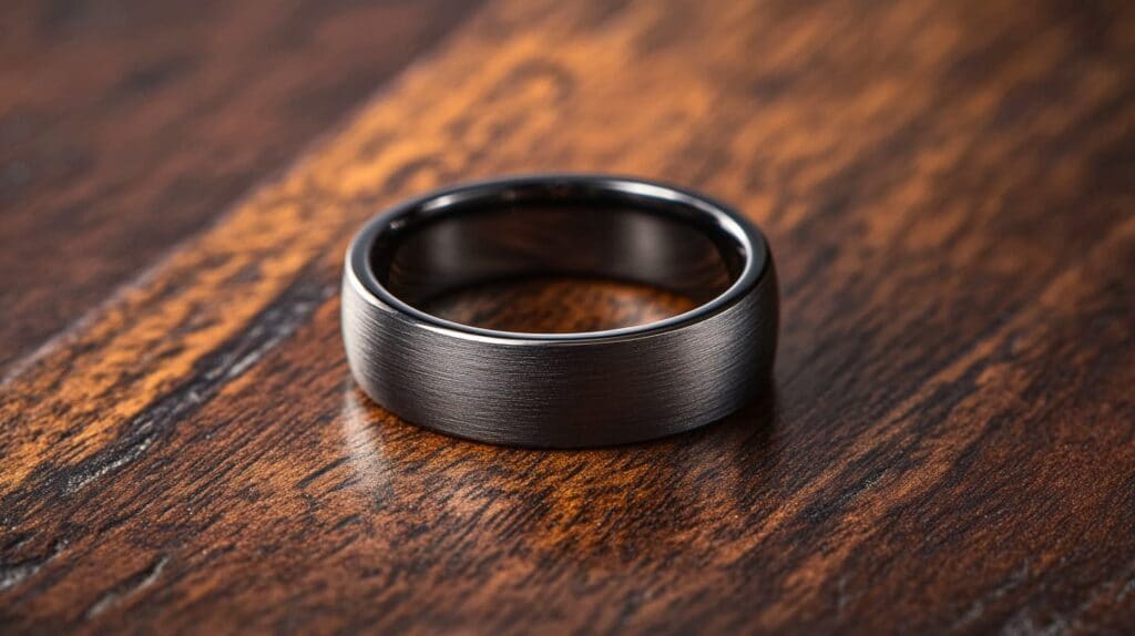Brushed tungsten wedding band with a sleek and modern design placed on a wooden surface