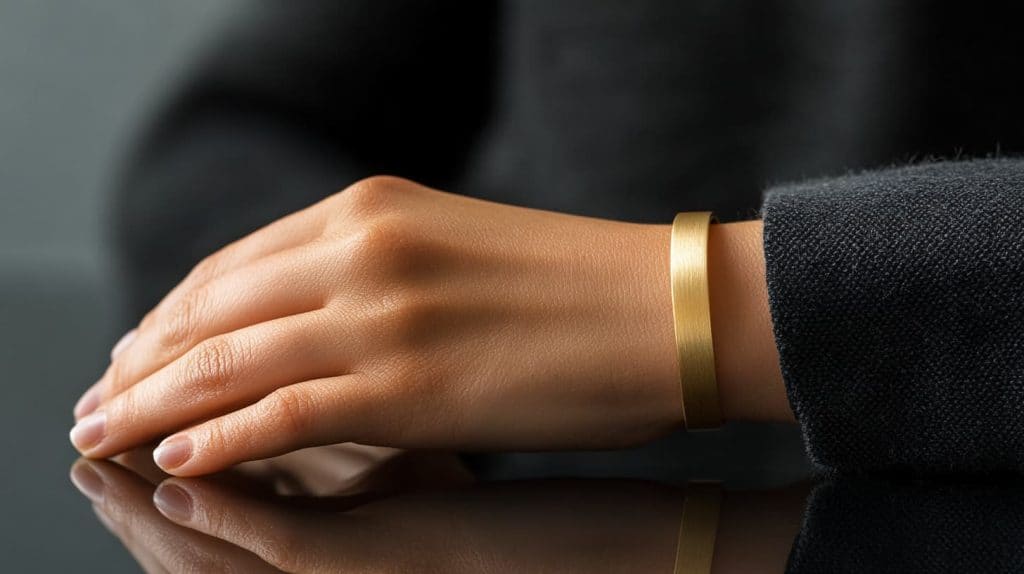 Brushed yellow gold bracelet worn on a hand, emphasizing its sleek, modern design and soft matte finish.
