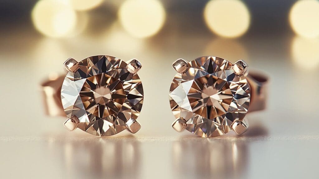 Elegant champagne brown diamond stud earrings set in rose gold, sparkling under warm ambient lighting.