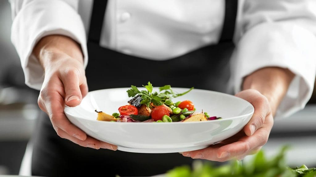 Chef holding a plated dish with fresh ingredients, illustrating food safety and presentation standards in the food service industry.