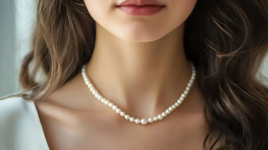 Delicate pearl necklace styled casually, complementing everyday outfits with subtle elegance and timeless charm.