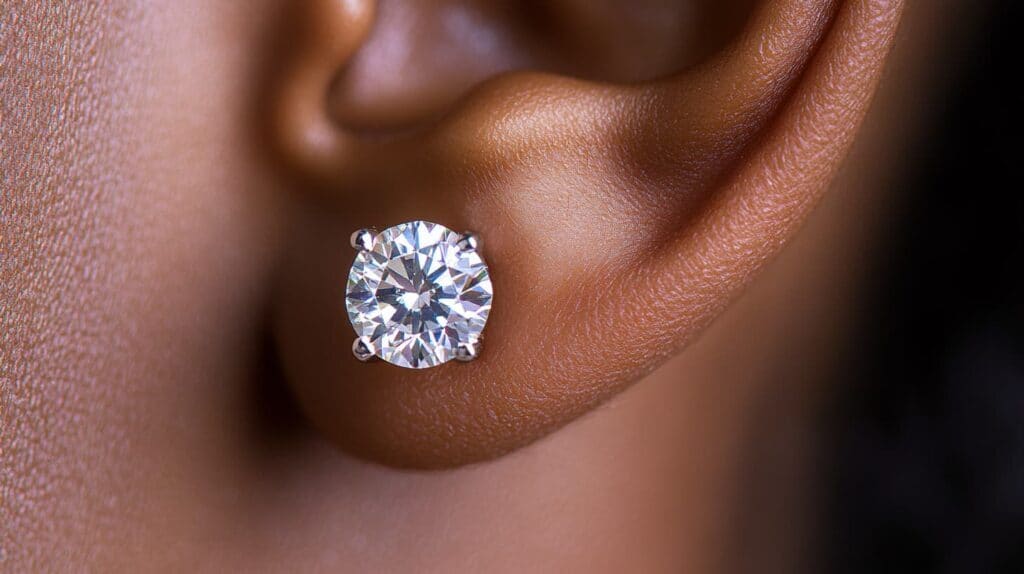 Extreme close-up of a diamond stud earring set in white gold, emphasizing the brilliance and clarity of the gemstone.