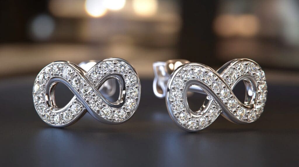 Elegant diamond-studded infinity symbol earrings, showcasing luxurious design and the symbolism of eternity.