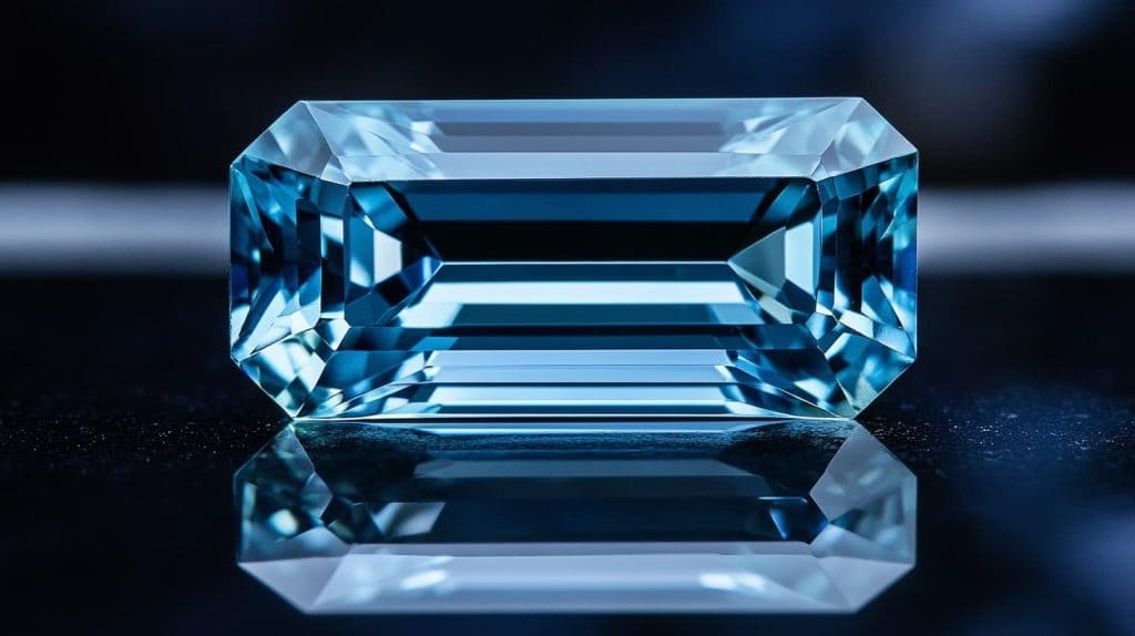 Emerald-cut aquamarine gemstone showcasing deep blue hues and excellent faceting detail, reflecting light brilliantly.