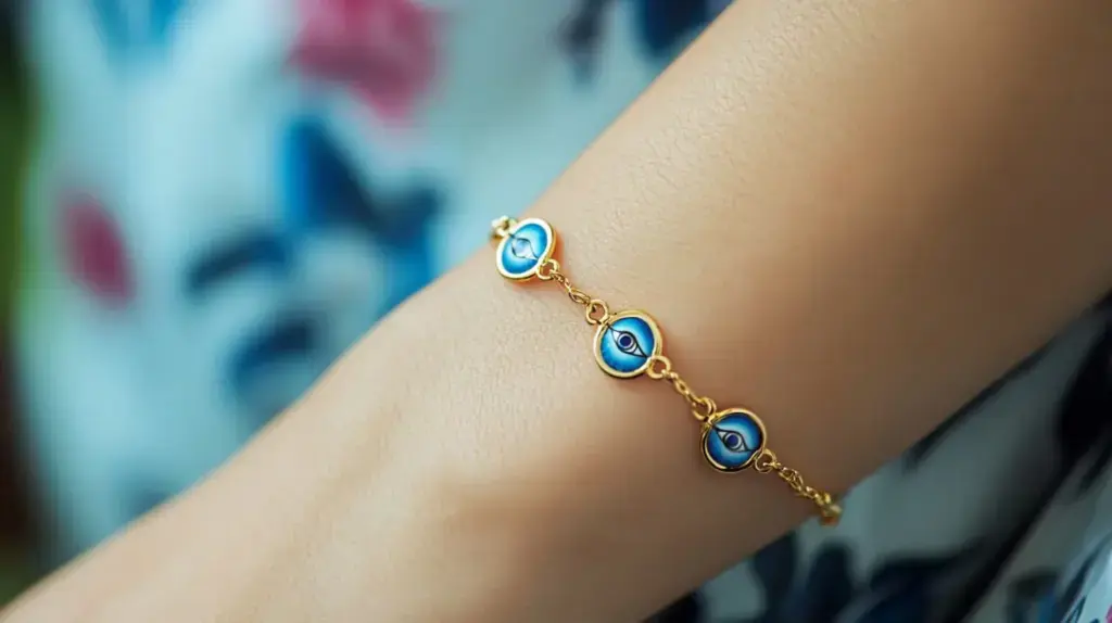 Gold chain bracelet with multiple blue evil eye charms, worn on wrist, representing protection against negative energy.