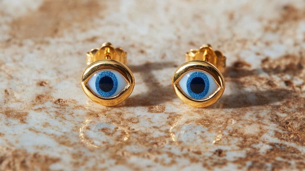 Close-up of gold stud earrings featuring the evil eye symbol with a blue and black eye design, symbolizing protection and style.