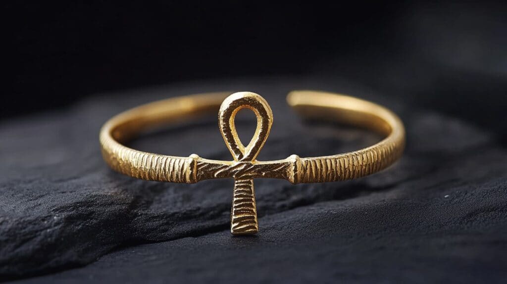 Gold Ankh bracelet with textured finish, representing the ancient Egyptian symbol of life and spiritual connection.