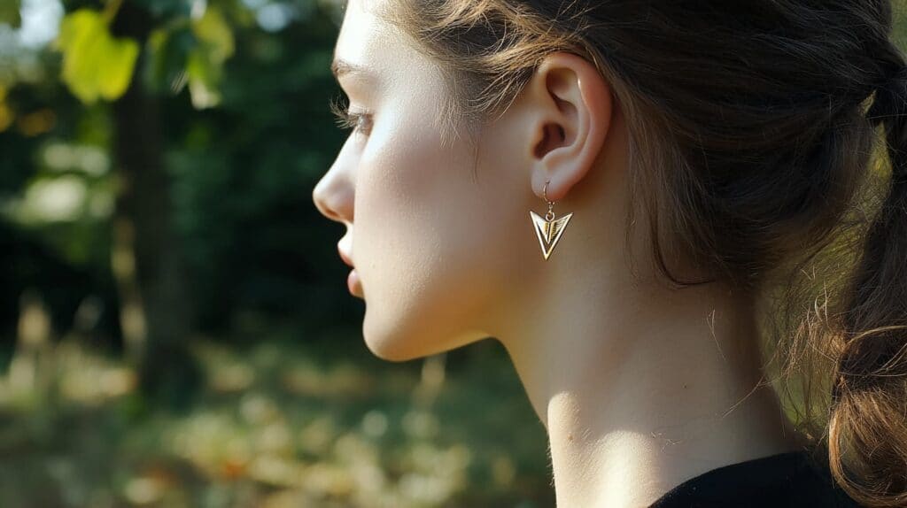 Woman wearing gold arrow-shaped earrings, symbolizing love, connection, and unity in jewelry design.