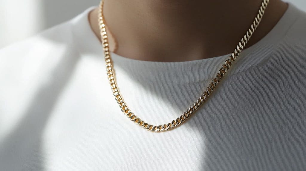 Close-up of a gold chain necklace worn over a white shirt, emphasizing its classic and versatile style.