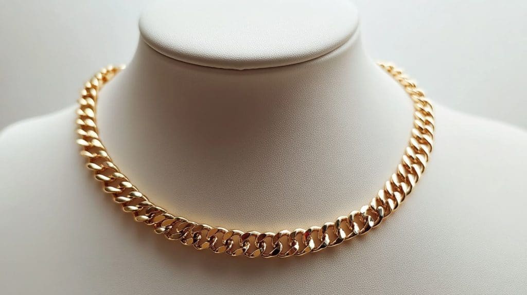 Gold choker necklace displayed on a white jewelry bust, highlighting its sleek and bold appearance.