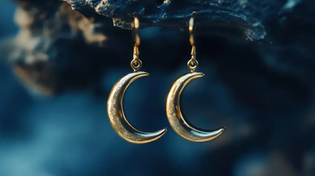 Gold crescent moon earrings against a dark background, embodying the mystery and allure of the night sky.