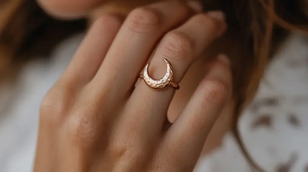 Gold crescent moon ring with a hammered texture, symbolizing elegance and transformation.