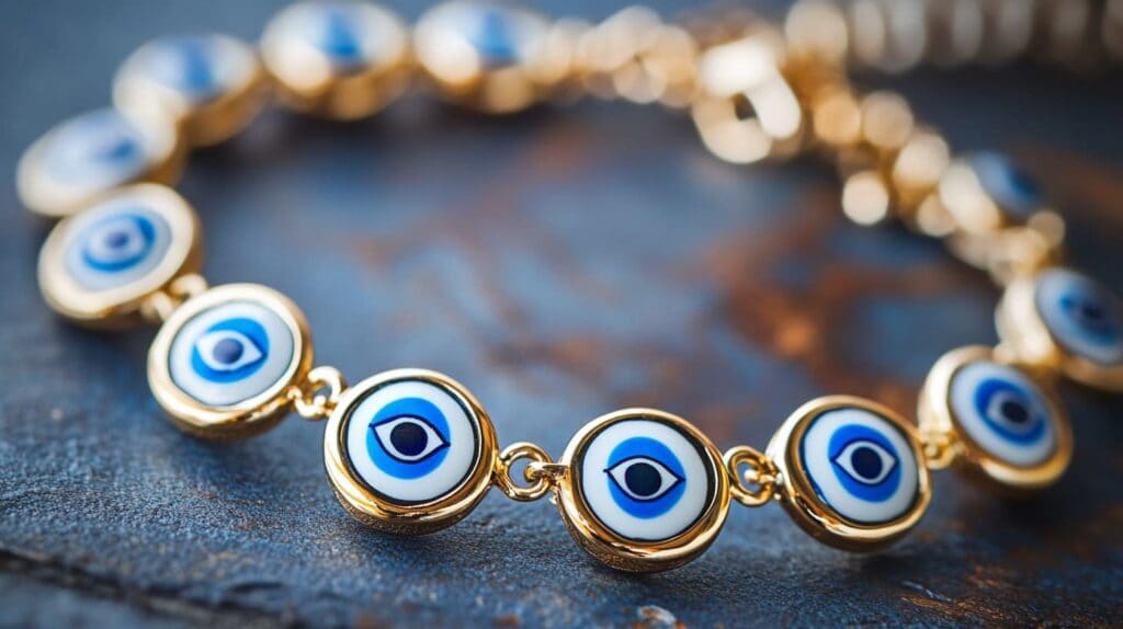 Gold bracelet featuring multiple blue Evil Eye symbols, representing protection and deflection of negative energy