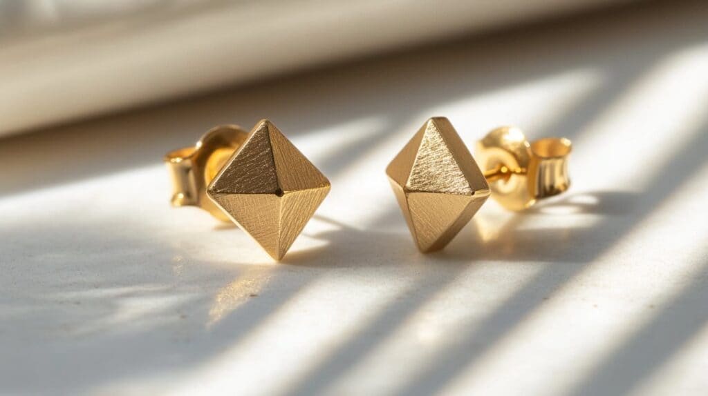 Closeup of gold geometric stud earrings with a pyramid design